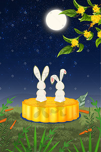 月亮月兔插画图片_中秋节明月月兔思念海报中秋