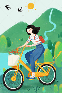 骑自行车绿色插画图片_清明节气踏青出游绿色清新插画