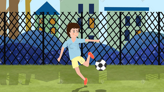围栏房子插画图片_开学季踢足球的学生