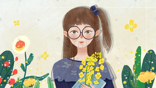 卡通书本手绘插画图片_穿深蓝色衣服少女拿着书本和油菜花