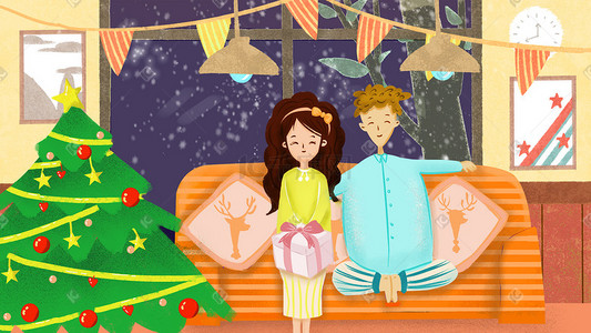 红色沙发沙发插画图片_圣诞节情侣相拥唯美插画圣诞