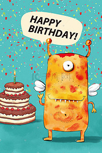 文字碎片插画图片_Q版卡通小怪兽生日分享蛋糕海报