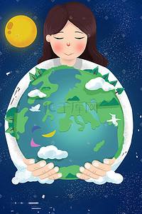 卡通地球日插画图片_地球日保护地球保护环境夜晚星空少女插画