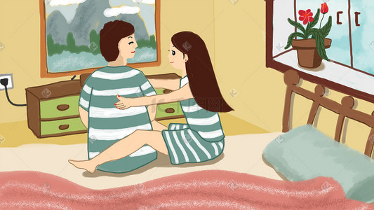 枕头插画图片_小清新情侣陪伴拥抱居家生活日常