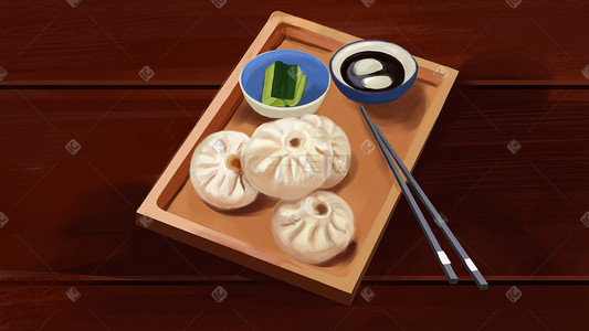 中华美食包子手绘插画