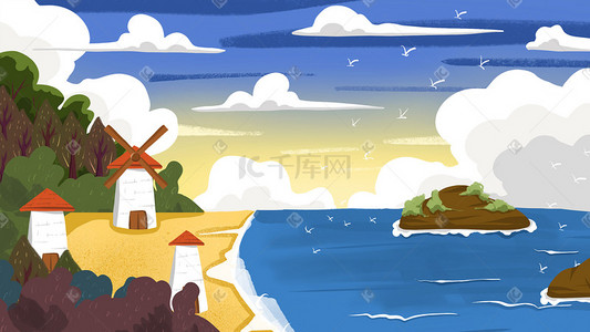 海洋海滩插画图片_传统节气立夏海滩小清新治愈系风景插画