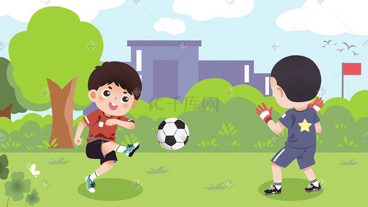 合欧洲小镇插画图片_在草坪上踢球的男孩子们欧洲杯欧洲杯