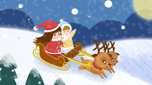 雪鹿插画图片_圣诞节驯鹿拉雪橇插画圣诞