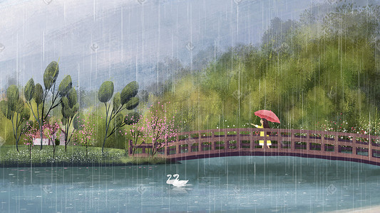 下雨手绘插画图片_雨水节气风景下雨手绘横图