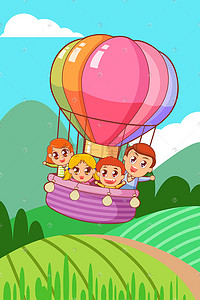 儿童卡通热气球插画图片_卡通六一儿童节乘坐热气球欢乐玩耍插画六一
