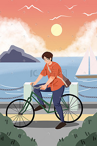 卡通男孩自行车插画图片_旅游旅行风景男孩骑车卡通小清新插画