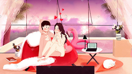 红色沙发沙发插画图片_情人节酒店情侣爱心