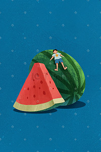 超级嗨购插画图片_蓝色夏天创意水果超级大西瓜