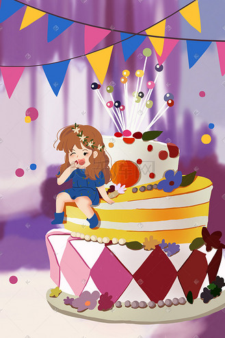 生日快乐生日蛋糕祝福少女小清新插画