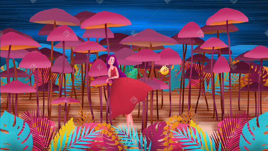 广告红色渐变插画图片_探险少女的蘑菇丛林之旅