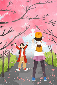 绿色春天少女出行旅行春游时节插画