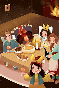 节日的欢乐插画图片_感恩节主题欢乐的聚餐