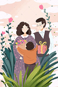一家人礼物插画图片_母亲节一家人送母亲礼物