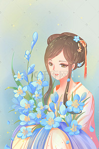 唯美花卉蓝色插画图片_蓝色唯美卡通春季古风少女捧花春天花卉配图