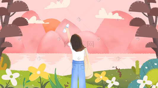爱的旅途插画图片_粉色夏天里一个人的旅途