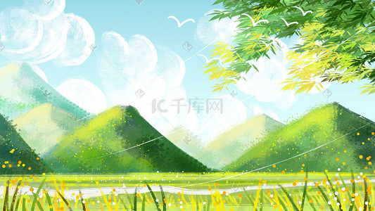 绿色手绘夏天背景插画图片_春天风景背景手绘