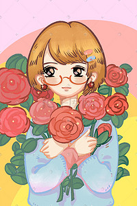 绿色清新花卉插画图片_卡通可爱特色花与少女简约清新花卉