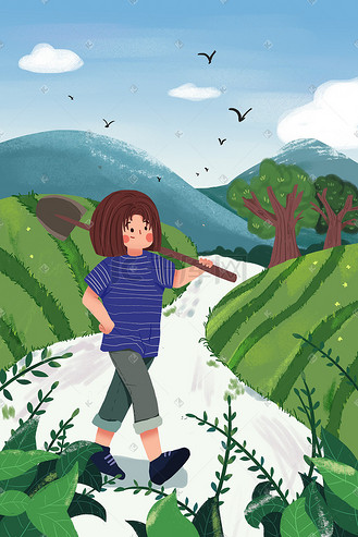 51劳动节辛勤劳动种地少女风景卡通插画