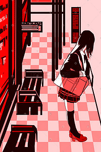 等车男子插画图片_红色商务平面简约公交站台等车少女