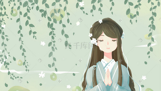 唯美卡通少女插画图片_唯美卡通小清新清明节日春季绿色插画