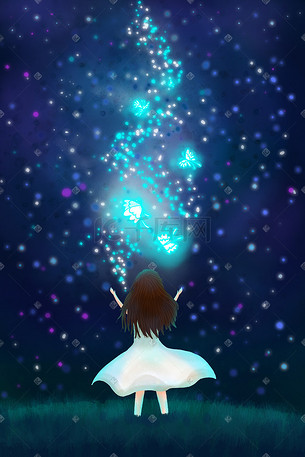 唯美星空女孩蝴蝶飞翔希望期待梦想