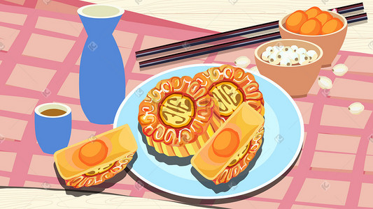 木质盘子和勺子插画图片_中秋节美食蛋黄月饼中秋