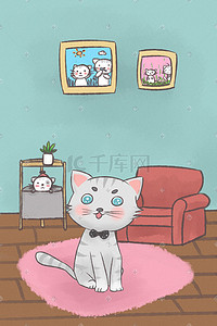 灰色大理石桌面插画图片_可爱动物灰色条纹猫咪卡通手绘