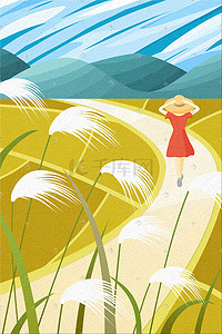 我们在路上插画图片_穿红裙子戴帽子的女孩在田间小路上行走