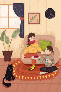冬天室内插画图片_卡通冬季室内温馨夫妻情侣喝茶聊天插画