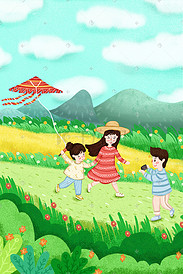 五一小长假卡通小清新一家人外出游玩放风筝