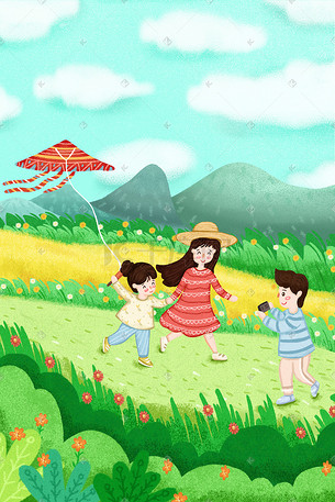 五一小长假卡通小清新一家人外出游玩放风筝