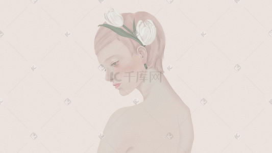 白玫瑰插画图片_气质型带花的外国文艺女人海报设计