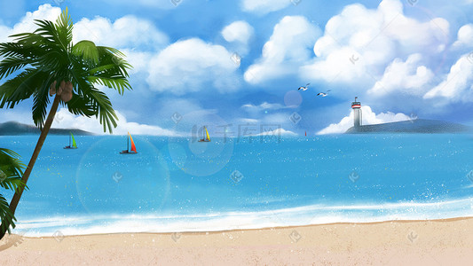 海滩天空插画图片_沙滩海浪天空海鸥海洋插画