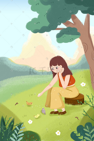 小鸟蜻蜓治愈阳光个人vip和企业vip免费下载插画春天海边风景小鸟飞舞