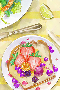 西餐插画图片_手绘水彩风格西餐水果面包早餐