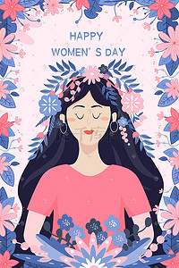 女孩花卉插画图片_卡通妇女节女生节女神少女花卉海报插画