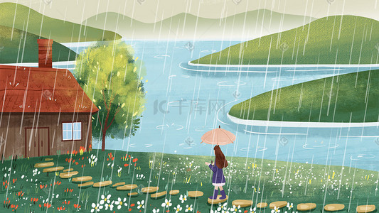 女孩下雨插画图片_下雨天女孩郊外踏青小木屋小清新