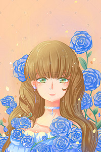 蓝玫瑰手绘插画图片_蓝色唯美卡通恬静少女与花蓝蔷薇花卉春配图