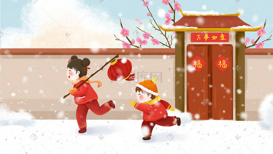 雪天树挂插画图片_春节灯笼女孩奔跑雪天红色卡通插画