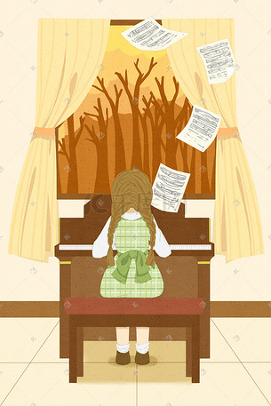 秋日弹钢琴女孩背影文艺清新