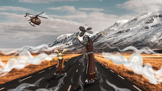 大学生轮滑赛插画图片_创意摄影插画蒸汽朋克轮滑兔子飞机手绘插画