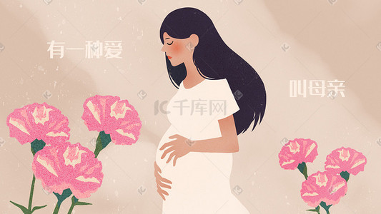 怀孕记录插画图片_怀孕的妈妈与康乃馨