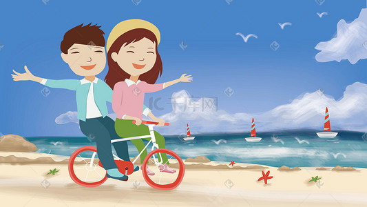 夏天卡通情侣插画图片_海滩骑单车旅游的情侣矢量插画