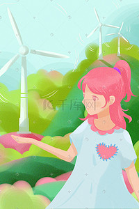 绿色风力发电插画图片_风力发电 环境保护小清新插画