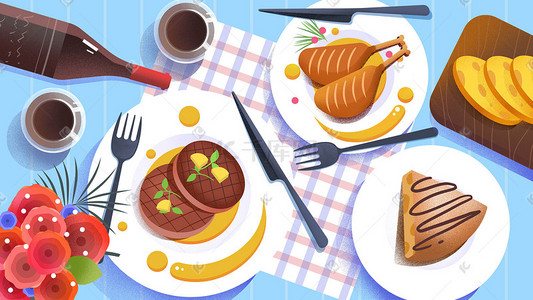 法国菜鹅肝鸭腿扁平插画